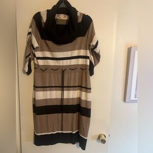 Brown, Tan and Cream Striped Knit Dress - Cowl Neck
